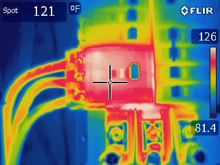 Thermal image of a hot breaker and lug connection, 121 °F spot reading