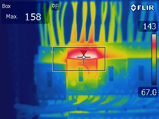 Thermal image of a hot spot across a row of connections, 158 °F maximum
