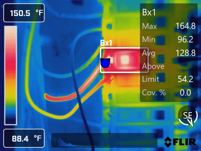Thermal image of a panel breaker and its conductor running hot, 164.8 °F maximum