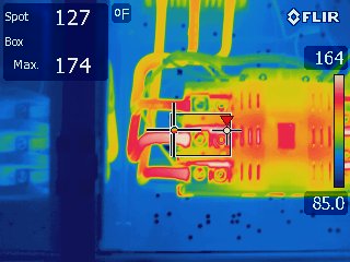 Thermal image of hot terminal connections, 174 °F maximum
