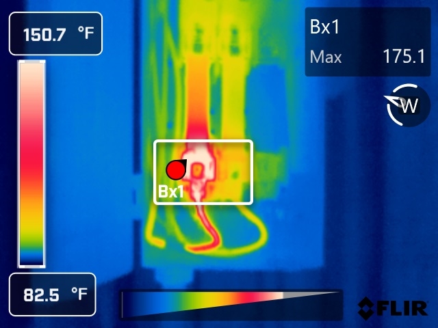 Thermal image of a hot terminal connection on a conductor, 175.1 °F maximum