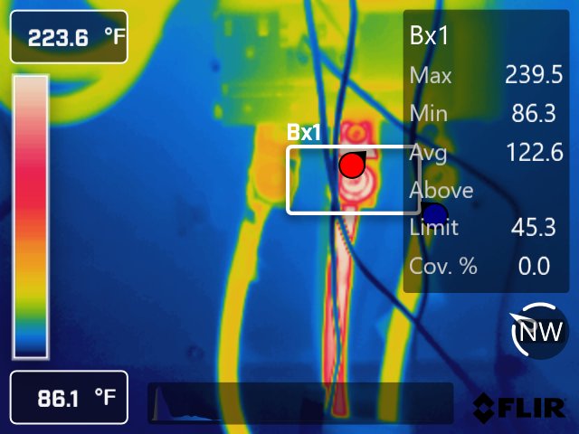 Thermal image of an electrical connection glowing white-hot, 239.5 °F maximum