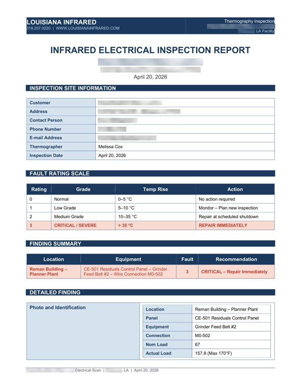 First page of a sample Louisiana Infrared electrical inspection report, client details blurred
